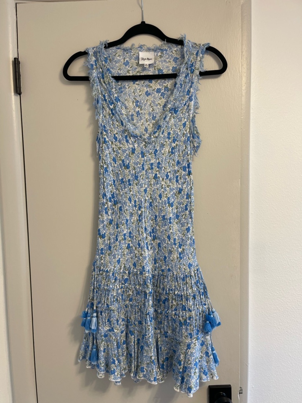 Blue Floral Tassel Mini Dress